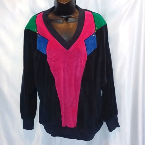 YS Sport VTG Women's Sz XL Black Pink Green Color Block Velour Lounge Sweatshirt - Picture 1 of 5